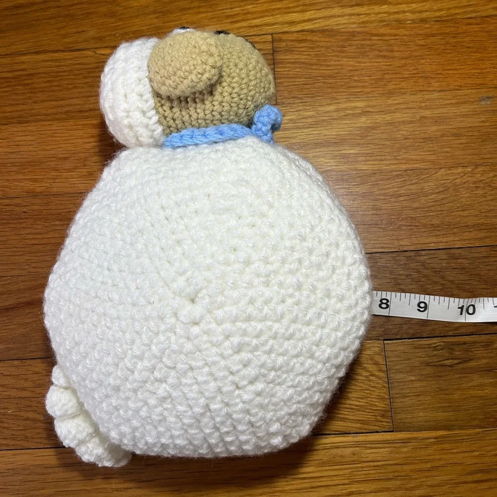 New Hand Crochet White and Tan Fluffy Sheep Pillow